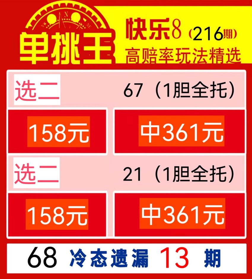 2026216期单挑王福彩快乐8推荐