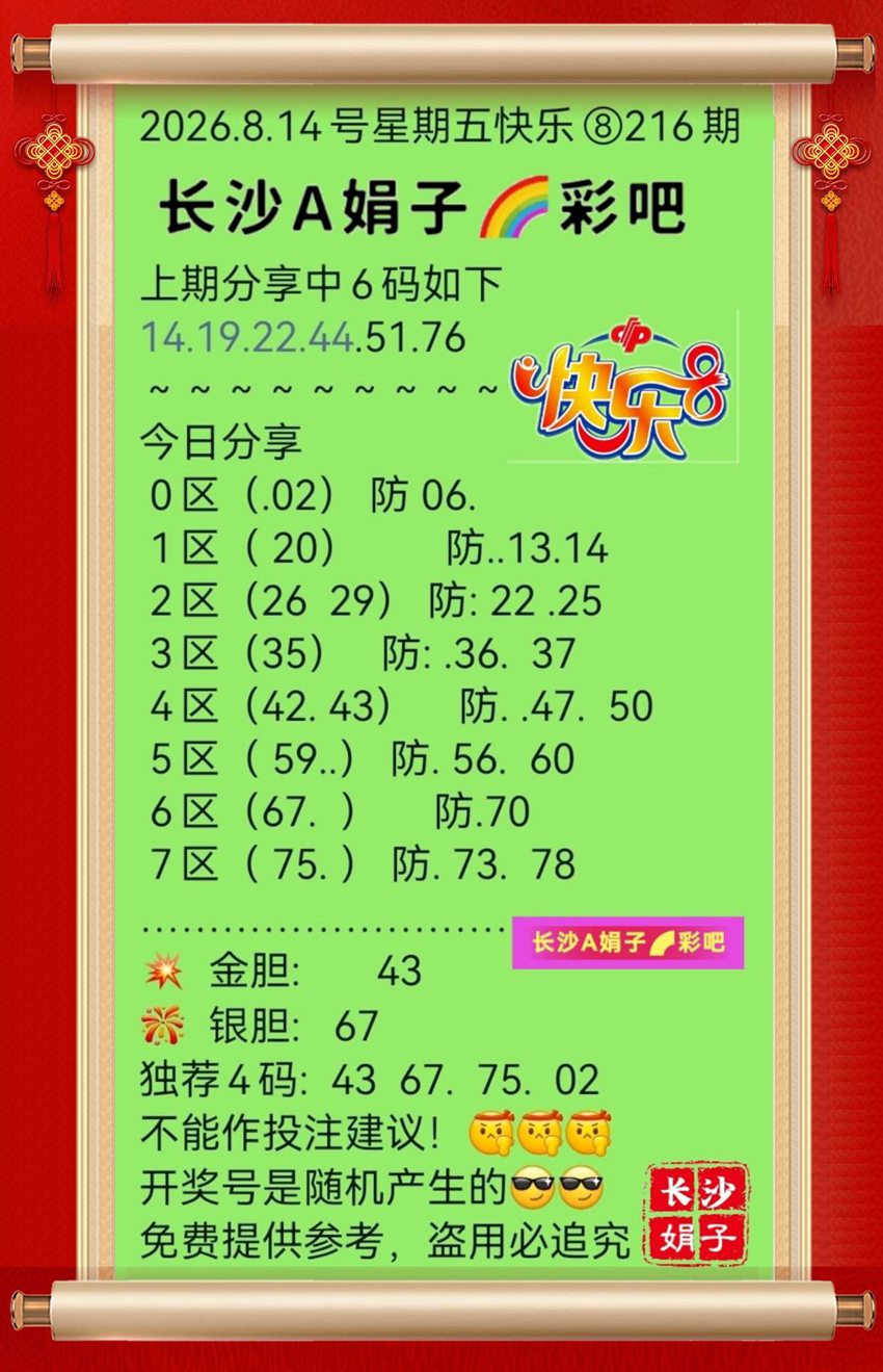 2026216期长沙A娟子彩吧福彩快乐8推荐