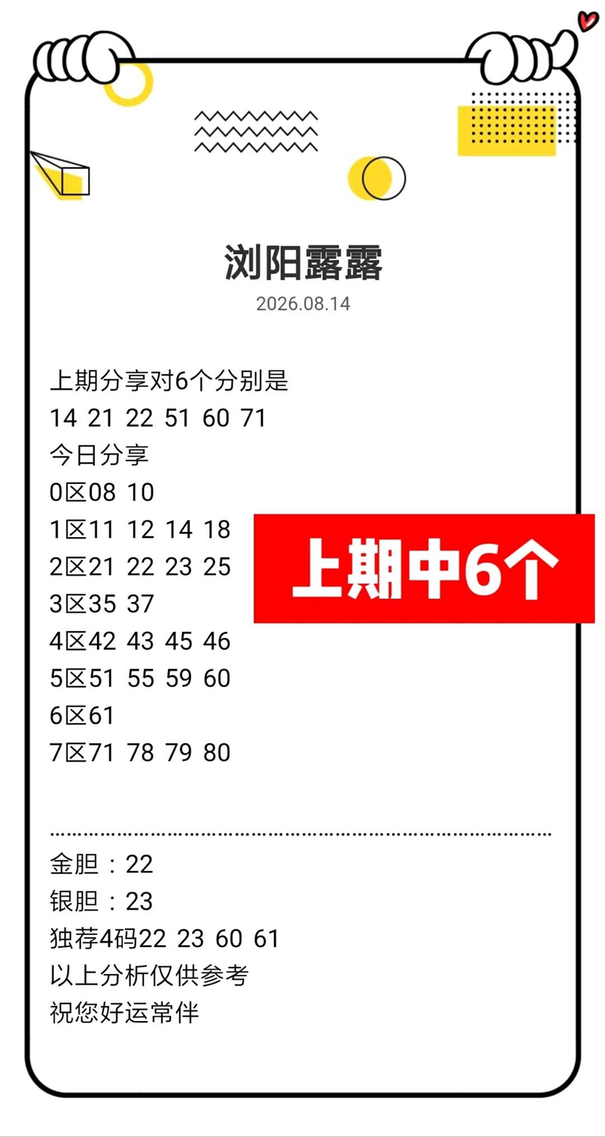 2026216期浏阳露露福彩快乐8推荐