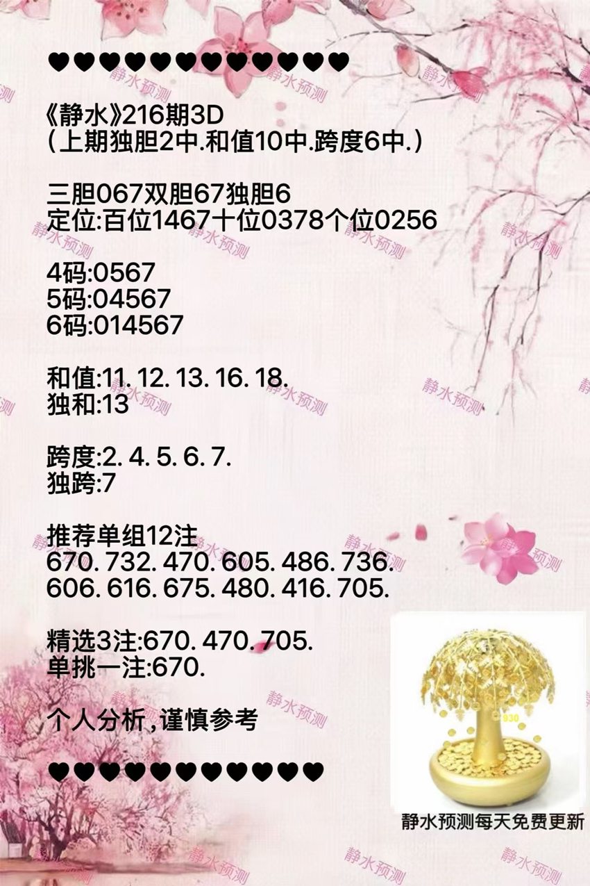 2026216期静水福彩3D推荐