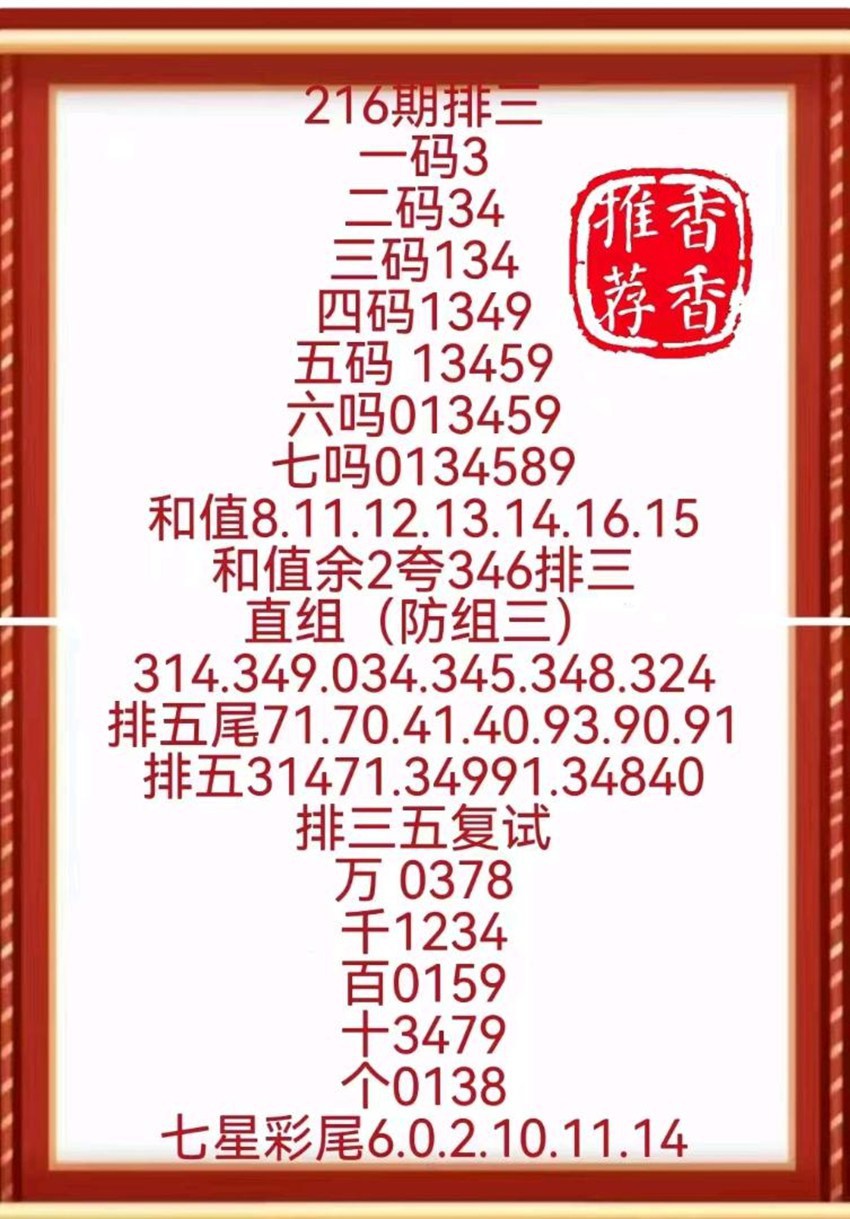 2026216期香香推荐排列三推荐