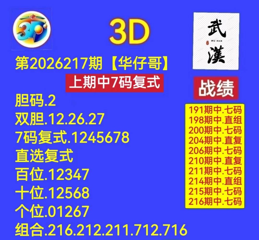 2026217期武汉华仔哥福彩3D推荐