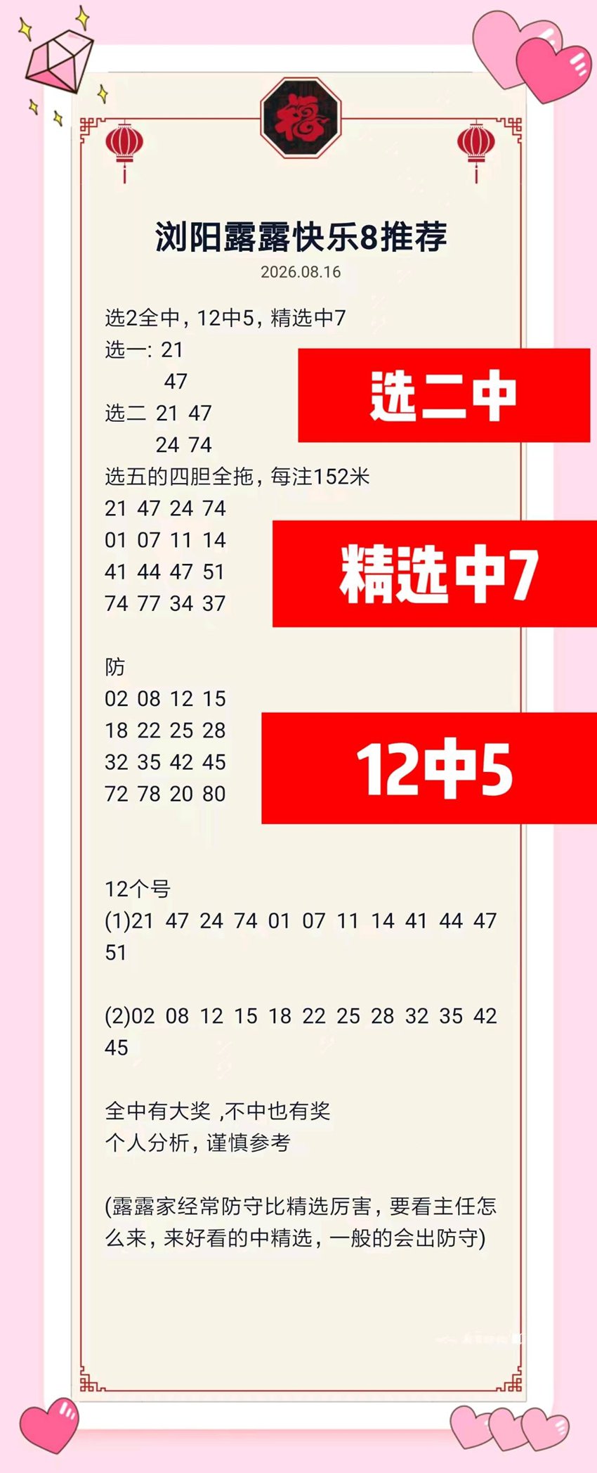 2026218期浏阳露露福彩快乐8推荐