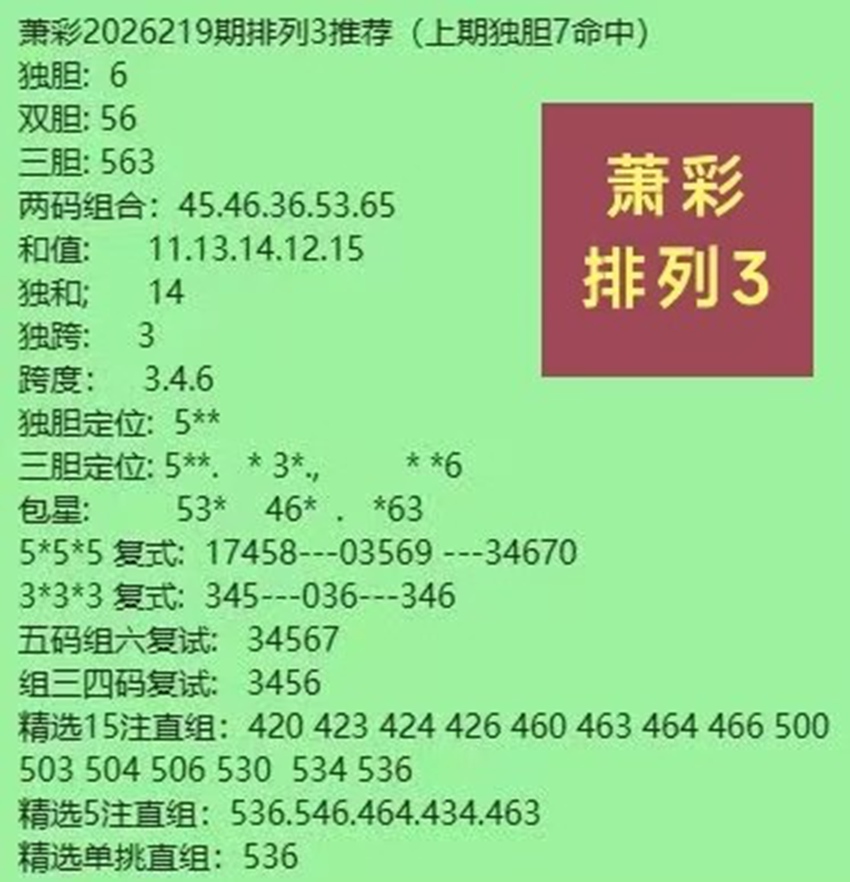 2026219期萧彩排列三推荐