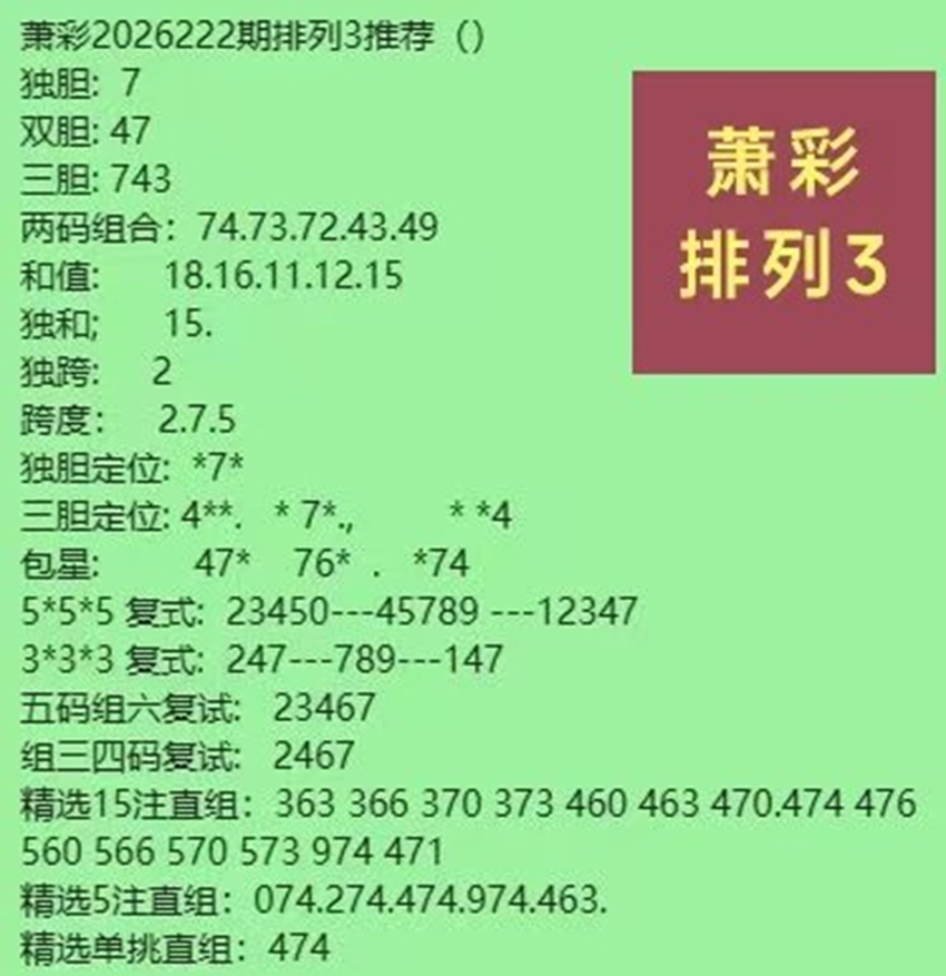 2026222期萧彩排列三推荐