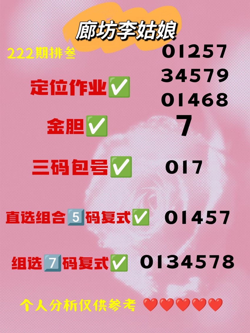 2026222期廊坊李姑娘排列三推荐